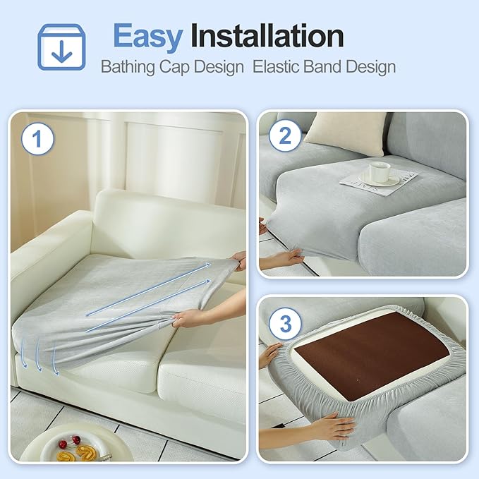 Large Backrest Cushion Covers Super Stretch Backrest Covers for 3 Cushion Couch Sofa, Couch Back Cushion Covers Featuring with Chenille Yarn (Softer Version, 3PC, Light Grey)