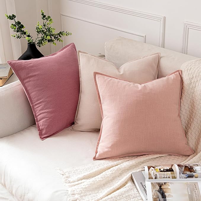 MIULEE Decorative Linen Pillow Covers 20x20 Inch Pink Boho Farmhouse Neutral Couch Throw Pillows for Bed Pack of 2 Accent Modern Pillowcase Sofa Livingroom Home Decor