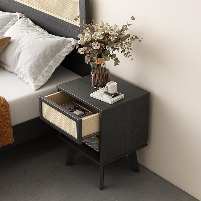MUSEHOMEINC Nightstand, Boho Bedside Table with Rattan Drawer Open Shelf, Black Wooden Night Stand with Storage, Mid Century Modern End Table for Bedroom, Living Room,Dorm and Small Spaces