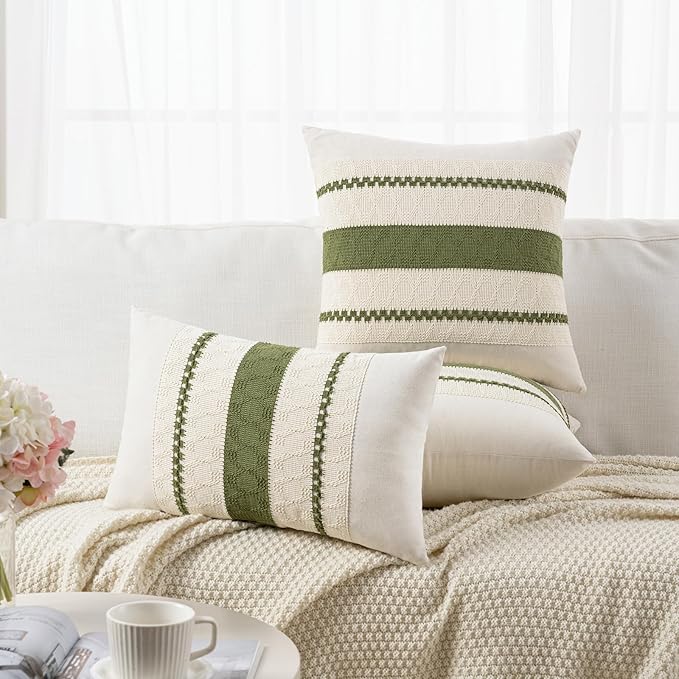 Fancy Homi Set of 2 Boho Moss Green Decorative Throw Pillow Cover 20x20 Inch for Couch Bed Sofa, Aesthetic Modern Organic Farmhouse Home Decor, Soft Cotton Cute Accent Macrame Woven Cushion Case