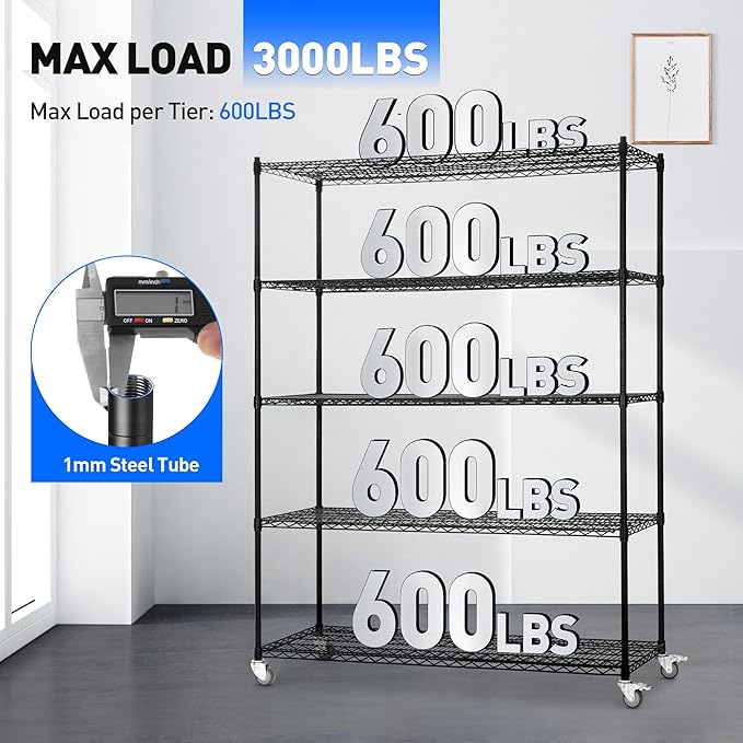 5 Tier Wire Shelf Shelving Unit, 60"x 24"x82" Metal Storage Shelves, Heavy Duty Garage Storage Shelves with Wheels, Chrome 3000LBS Capacity Wire Shelf Rack for Restaurant, Garage, Pantry, Kitchen