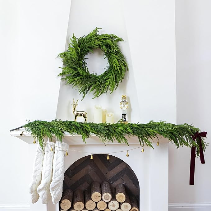 6FT Norfolk Pine Garland Real Touch Cedar Cypress Pine Garland Christmas Greenery for Mantle Stairs Table Window Front Door Christmas Decorations Xmas Decor
