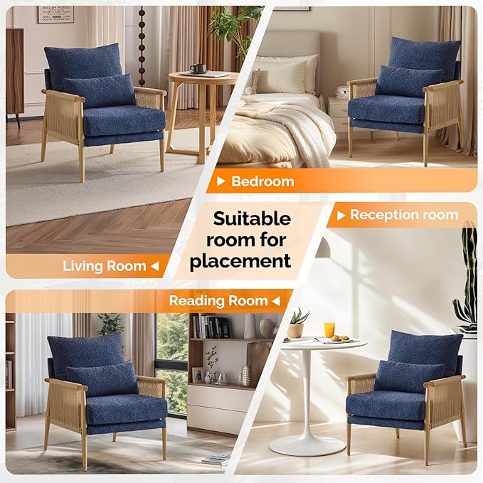 VINGLI Boho Braid Accent Armchair,Mid-Century Modern Chiar with Solid Wooden Armrest,Comfy Louge Cushion Chair with Waist Pillow for Bedroom,Living Room,Reading Room, Blue