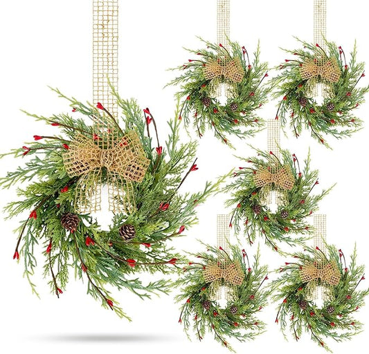 6 Pcs 9 Inch Christmas Wreaths for Kitchen Cabinet Artificial Cedar Pine Hanging Wreath with Red Berries Pine Needles for Front Door Xmas Swag Wreaths for Christmas Winter Farmhouse Home Decorations