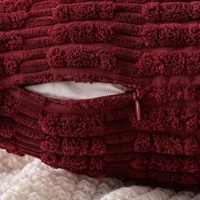 MIULEE Pack of 2 Christmas Burgundy Corduroy Decorative Pillow Covers 18x18 Inch Soft Boho Striped Throw Pillow Covers Modern Farmhouse Home Decor for Sofa Living Room Couch Bed