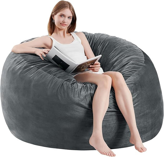 Bean Bag Chairs for Adults - Memory Foam Furniture BeanBag Chair - Kids/Teens Sofa with Soft Micro Fiber Cover - Round Fluffy Couch for Living Room Bedroom College Dorm - 4 ft, Grey