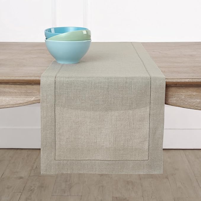 Solino Home Linen Natural Table Runner 90 Inches Long - 100% Pure Linen Hemstitch 14 x 90 Inch Table Runner for Dining, Fall, Autumn, Thanksgiving - Classic Hemstitch