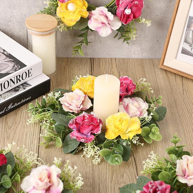 6 Pcs Artificial Rose Wreaths for Kitchen Cabinet Mini Floral Wreath Colourful Roses Hanging Wreaths for Pillar Front Door Porch Wall Window Farmhouse Decoration