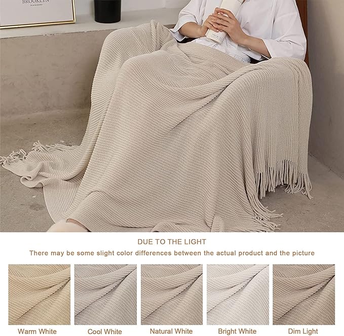 Blagic Knitted Throw Blanket for Couch Soft Farmhouse Boho Throw Blanket with Tassels Home Decorative Lightweight Throw Blankets,Cream White Throws for Bed/Chair/Sofa, Stripe Textured, 60" W x 80" L