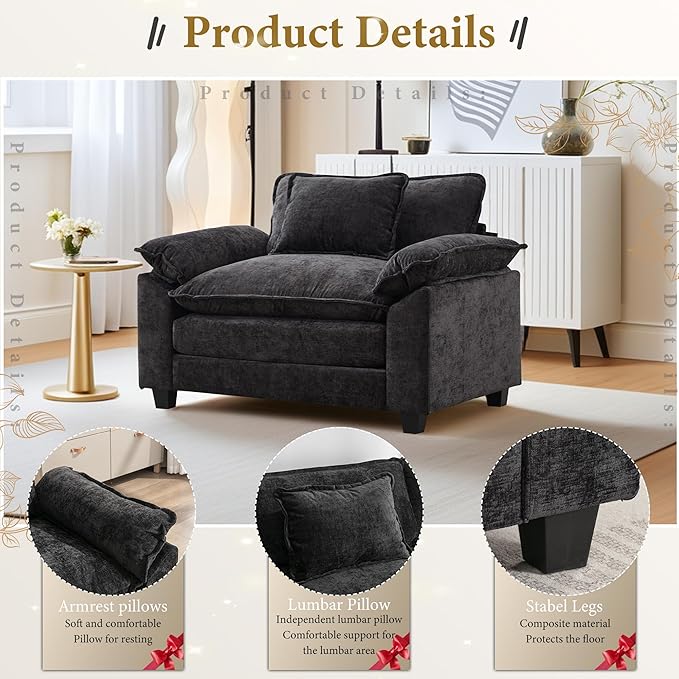 URRED Modular Sectional Sofa Comfy Cloud Couch, Modern Chenille Sofa Sleeper Deep Seat Couches with Ottoman/Pillows for Living Room (Black, 53'')