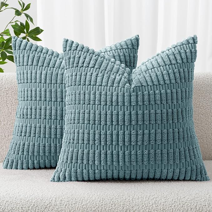 MIULEE Pack of 2 Corduroy Decorative Throw Pillow Covers 16x16 Inch Soft Boho Striped Pillow Covers Modern Farmhouse Home Decor for Summer Coastal Sofa Living Room Couch Bed Coastal Blue