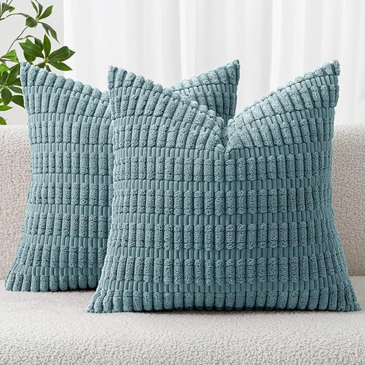 MIULEE Pack of 2 Corduroy Decorative Throw Pillow Covers 16x16 Inch Soft Boho Striped Pillow Covers Modern Farmhouse Home Decor for Summer Coastal Sofa Living Room Couch Bed Coastal Blue