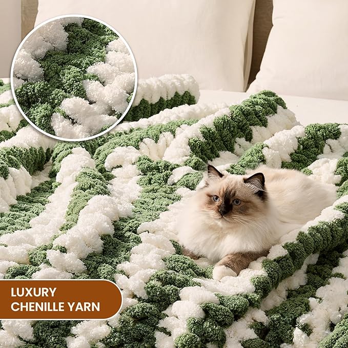 L'AGRATY Chunky Knit Blanket Throw: 50''x60'' Chenille Chunky Knitted Throw Blankets for Bed Couch - Handmade Thick Cable Knit Blanket - Large Crochet Rope Blankets for Home Decor