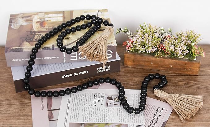 58in Wood Bead Garland with Tassels, Farmhouse Rustic Country Decor Prayer Boho Wall Hanging Decoration (Black)