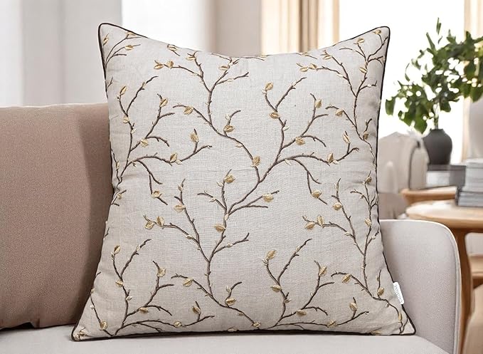 VAGMINE Embroidered Pussy Willow Throw Pillow Cover - 20x20 Inches Square - 100% Linen Natural Throw Pillowcase - Elegant Neutral Floral Design - Minimalist Rustic Home Accent for Sofa, Bed, Lounge