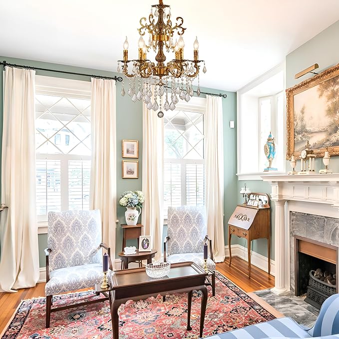 Vintage 6 Arms Crystal Chandelier Candle Light Fixture for Dining Room Living Room Bedroom Hallway Entryway Antique Gold Finish (23"-6 Lights)