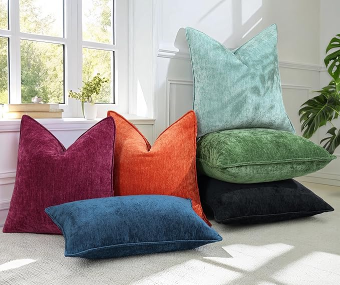 decorUhome Couch Throw Pillow Covers 18x18 Set of 2, Decorative Soft Euro Neutral Chenille Pillow Covers with Elegant Design for Sofa Bed Living Room Home Decor, Poseidon