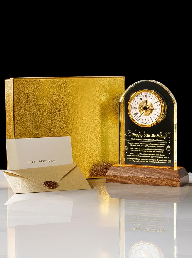 50th Birthday Clock Gifts for Women and Men – Gift for 50 Year Old Mom, Dad, Grandma, or Grandpa with Wooden LED Light Base – Birthday Present Ideas for Her or Him with Gift Box Battery Not Included