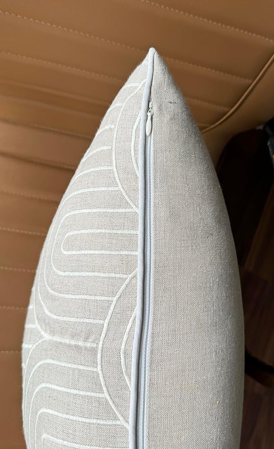 VAGMINE Embroidered Geometric Throw Pillow Cover - 18x18 Inches Square - 100% Linen Natural Decorative Cushion Cover - Elegant Embroidery - Minimalist Accent for Sofa, Bed, Couch, Farmhouse Décor