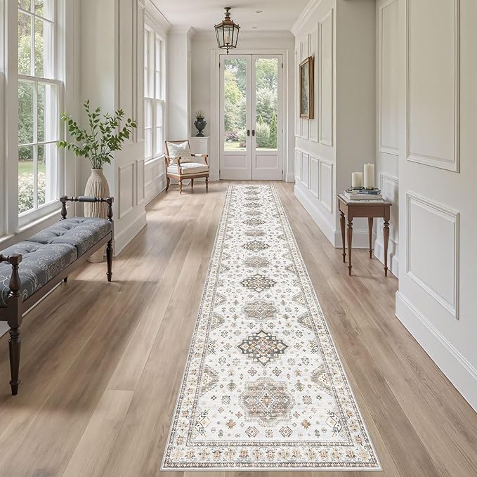 Washable 2.6x14 Runner Rug - Area Rugs Neutral Vintage Distressed Floral Farmhouse Boho Large Soft Floor Rug Indoor Carpet for Hallway Entryway Home - Blue Brown