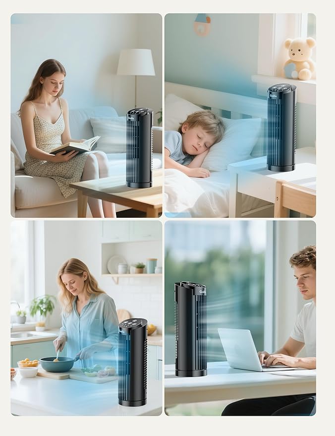 Grelife 13'' Tower Fan for Bedroom, 26dB Quiet Floor Fan with Remote, 3 Mode, 1-8H Timer, 90° Oscillating Fans for Indoors with 27ft/s Velocity, Portable Desk Table Fan for Room, Home, Office,Black