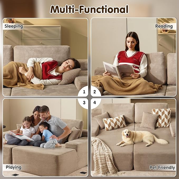 ovios 81" Oversized Sectional Double Lounge Chaise with Cloud Plush Sofa Bed, No Assembly Required, Fluffy Modern Sleeper Loveseat Chair for Indoor Living Room Bedroom Reading, Camel (Corduroy Fabric)
