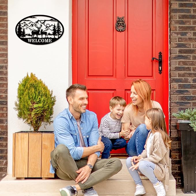 Rustic Metal Deer Cabin Sign, Outdoor Welcome Sign for Front Porch, Great Gift for Hunters, Farmhouse Cabin Decor