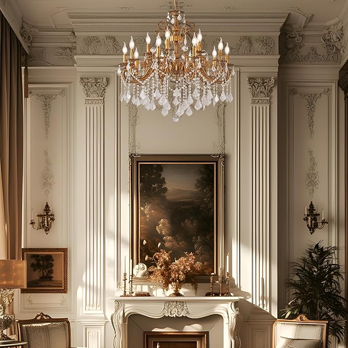 Vintage 10 Arms Crystal Chandelier Candle Light Fixture for Dining Room Living Room Bedroom Hallway Entryway Antique Gold Finish (34"-15 Lights)