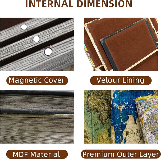 Decorative Book Box Set of 3, Fake Book Trinket Keepsake Storage Boxes with Ancient World Map Pattern, Graduation Gift