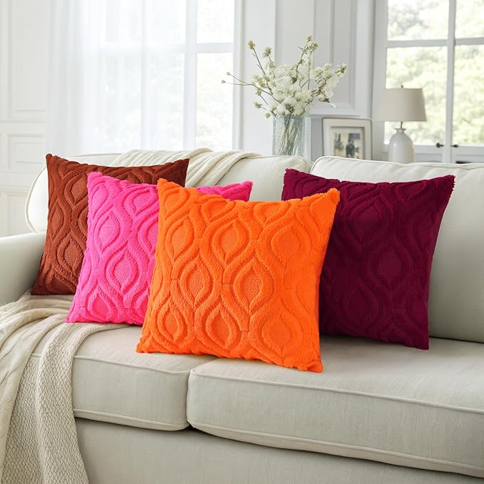 decorUhome Fall Throw Pillow Covers 22x22 Inch Set of 2, Soft Plush Decorative Faux Fur Hot Pink Solid Couch Pillow Covers, Accent Farmhouse Neutral Square Euro Pillow Cases for Sofa Bed Living Room