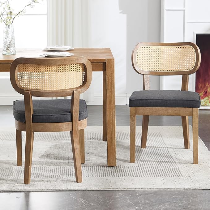 Rattan Dining Chairs Set of 6 Upholstered Linen Kitchen & Dining Room Chair with Curved Backrest Farmhouse Kitchen Chair Solid Wood Armless Side Chair for Dining Room/Restaurant, Black