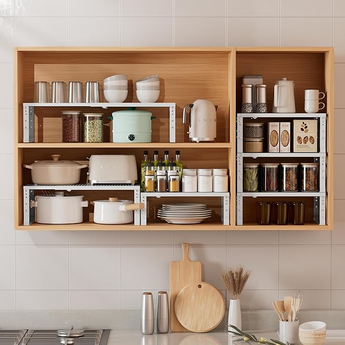 Metal Stackable Expandable Storage Shelf - Multi-Functional Home Storage Shelf, Suitable for Kitchen, Cabinet，Bathroom, Office, Garage, etc.（1PACK/White/Medium