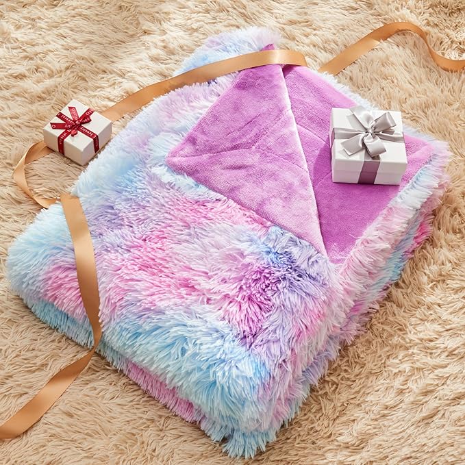 GONAAP Fuzzy Faux Fur Throw Blanket Queen Size Purple Rainbow Super Soft Cozy Plush Fuzzy Shaggy Blanket for Couch Sofa Bed (Purple Rainbow, Queen(90"x90"))