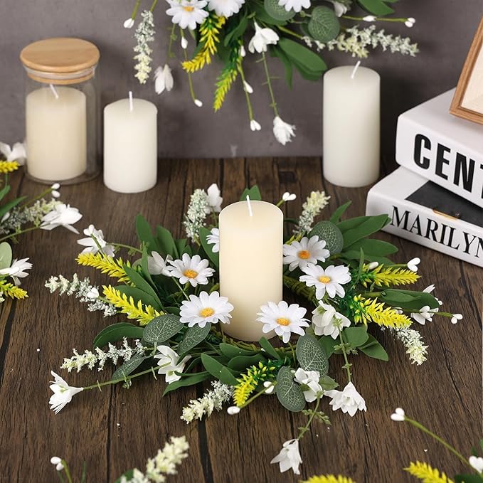 6 Pcs Artificial Spring Summer Swag Wreaths Mini White Daisy Floral Wreath Farmhouse Kitchen Cabinet Wreath Hanging Flowers Wreaths for Front Door Indoor Outdoor Home Decor Festival Celebrations