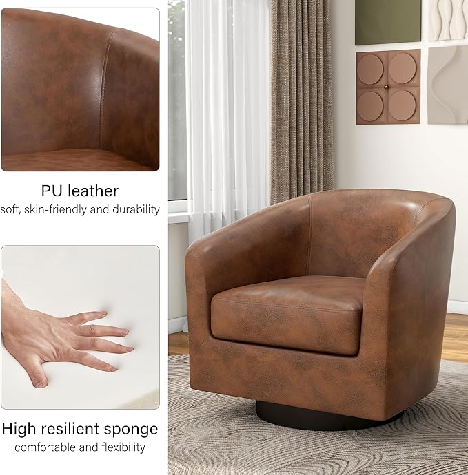 Swivel Barrel Accent Chair, Modern Round Faux Leather Arm Chair for Living Room, Bedroom, Comfy Club Reading Chairs for Adults(Faux Leather, Coffee, Set of 1)