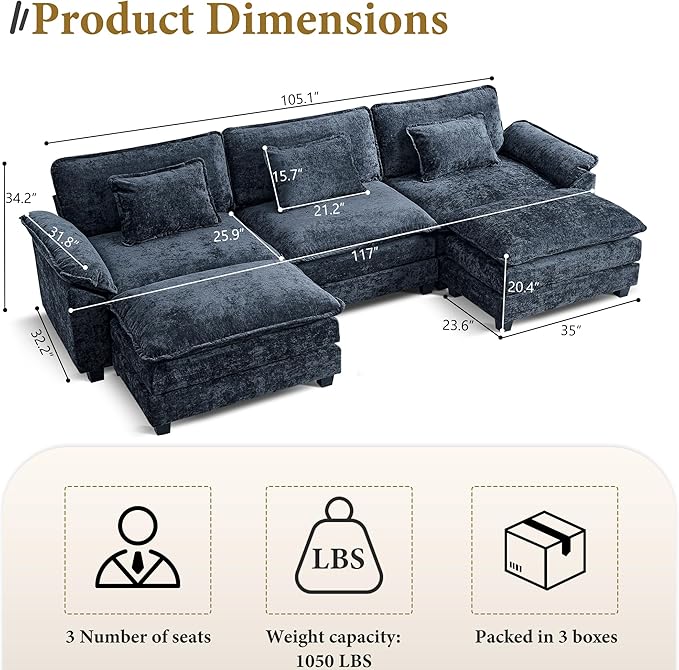 URRED Modular Sectional Sofa Comfy Cloud Couch, Modern Chenille Sofa Sleeper Deep Seat Couches with Ottoman/Pillows for Living Room (Blue, 117'' - U Shape)