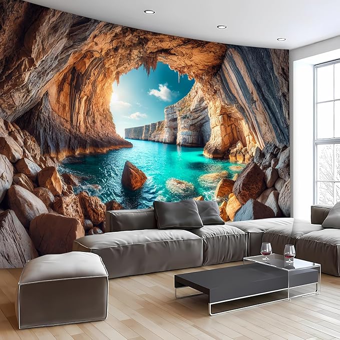 BSFHH Nature Tapestry Forest Tree Sea Cave Wall Hanging, Stream Through Rainforest Landscape Wall Art Tapestry for Bedroom Living room (Cave Sea View, 90"×70", Unframed)