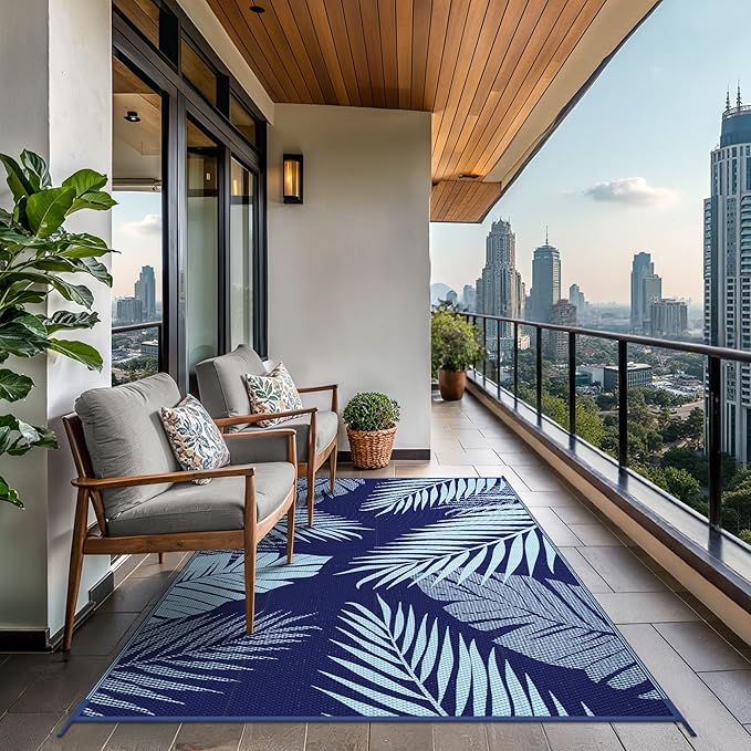 GENIMO Outdoor Rug 9' x 12' Waterproof for Patios Clearance, Reversible Outdoor Plastic Straw Camping Rug Carpet, Large Area Rugs Mats for RV, Camper, Deck, Balcony, Porch, Beach, Navy Blue&Baby Blue