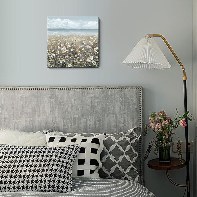 Canvas Wall Art Beach Floral Wall Picture Coastal Boho Farmhouse Daisy Flowers Nautical Sea Ocean Wildflowers Canvas Print Vintage Artwork for Small Rustic Bathroom Bedroom Living Room Office Décor