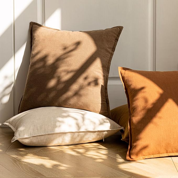 Foindtower Pack of 2, Decorative Linen Soild Throw Pillow Covers Soft Accent Cushion Case Boho Farmhouse Pillowcase for Couch Sofa Bedroom Living Room Home Decor 22 x 22 Inch Light Brown