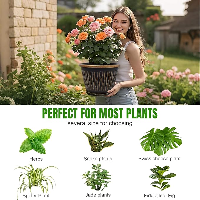 4 Pack 16 Inch Retro Plant Pots, Vintage Striped Flower Pots with Drainage Hole & Saucer, Large Plastic Planters for Indoor and Outdoor Plants, Decorative Garden Pots(Gold)