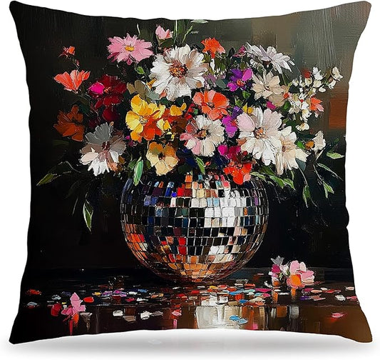 Trendy Eclectic Disco Ball Moody Floral Pillow Covers 18x18, Maximalist Funky Wildflowers Bouquet Throw Pillow Covers for Living Room Bedroom, Dark Cottagecore Decor, Eclectic Home Decor