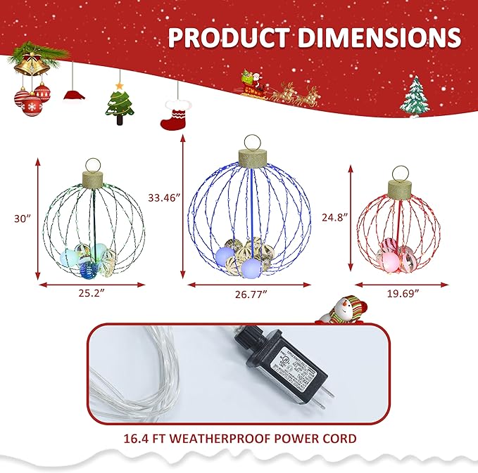 Outdoor Christmas Decorations, Set of 3 Lighted Christmas Ball Ornaments with 570 LED Lights, 6 Ground Stakes, Included 20 Small Plastic Xmas Ball Ornaments for Holiday Decor Yard