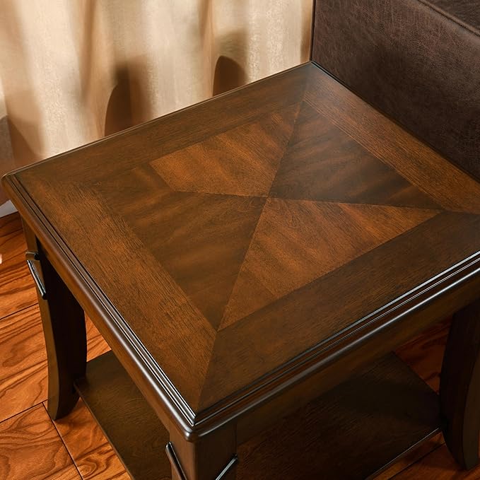 Solid Wood End Table with Storage Shelf, Vintage Rectangle Sofa Side Table with Splicing Tabletop and Carved Leg, BesideTelephone Table Cherry Brown,19.7 * 17.7 * 19.7in CJZ-DR200