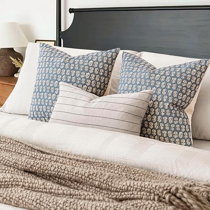 Foindtower Set of 2 Decorative Neutral Floral Print Throw Pillow Covers Vintage Accent Farmhouse Cushion Covers Boho Home Decor for Sofa Couch Chair Bedroom Living Room,22×22 Inch,Dusty Blue