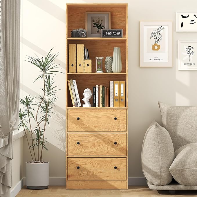 71" Tall Bookshelf with Storage, Bookcase with Drawers, Farmhouse Wooden Corner Book Shelves, Mid Century Modern Book Shelf Wall Standing Home Decor Furniture for Living Room, Bedroom, Office, Kitchen