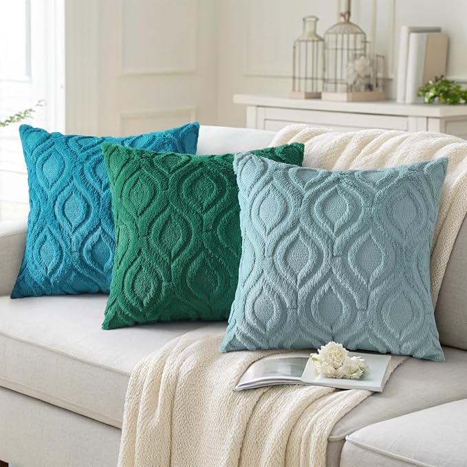 decorUhome Fall Throw Pillow Covers 26x26 Inch Set of 2, Soft Plush Decorative Faux Fur Aqua Solid Couch Pillow Covers, Accent Farmhouse Neutral Square Euro Pillow Cases for Sofa Bed Living Room