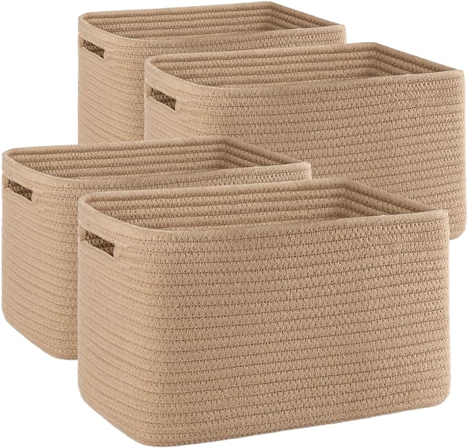 4 Pack Storage Baskets for Organizing, Woven Baskets for Shelves - Perfect for Toys, Books, Towels, and Clothes, Durable Gift Basket Bins Toy Storage, 12.7''L x9''W x7.8''H, Jute