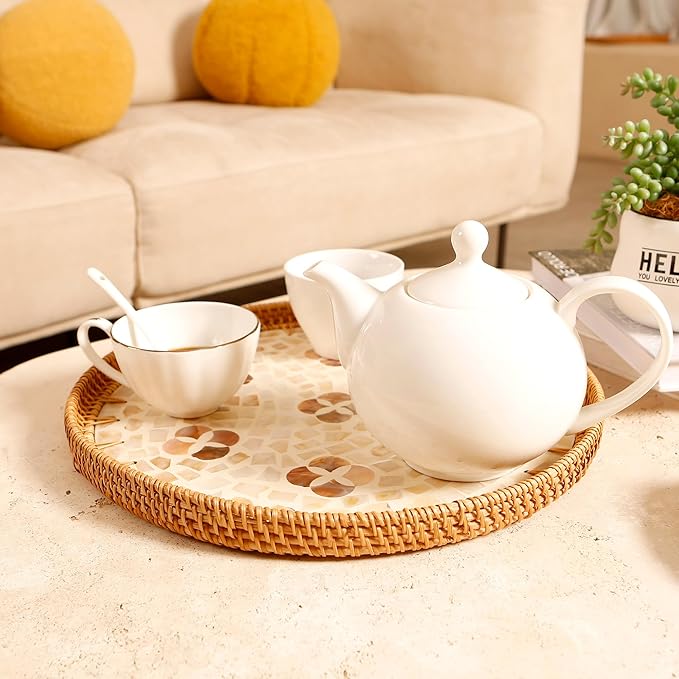 Round Rattan Tray with Mother of Pearl Inlay & Wooden Base - Decorative Wicker Serving Tray for Coffee/Bread/Fruits, Food Storage & Display - Multipurpose Home Decor (L,Four-Petal Flower)