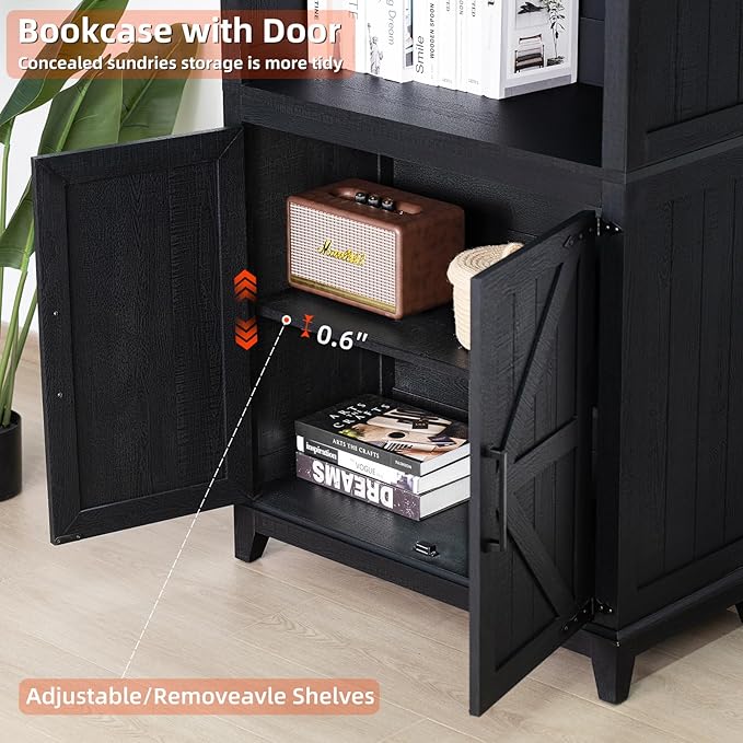 70in Tall Bookshelf 5 Tier Bookcase with Barn Doors and Adjustable Shelves, Black Farmhouse Book Shelf with Storage Cabinet, Wood Freestanding Display Bookshelves for Bedroom, Kitchen (3PCS)